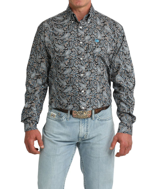 Men's Black Classic Fit Paisley Print Long Sleeve Button Down Shirt