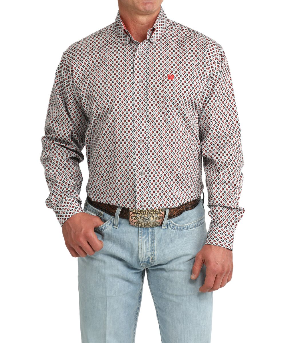 Men's Grey Classic Fit Long Sleeve Button Down Shirt Featuring A Red Diamond Geometric Print