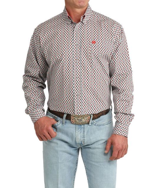 Men's Grey Classic Fit Long Sleeve Button Down Shirt Featuring A Red Diamond Geometric Print