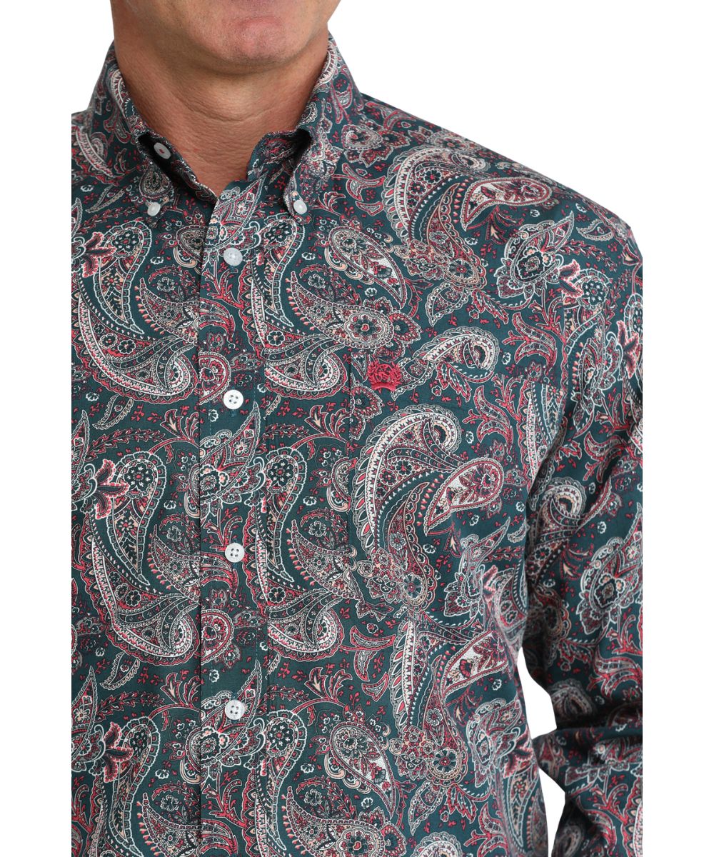 Close-up view of the paisley print and white buttons
