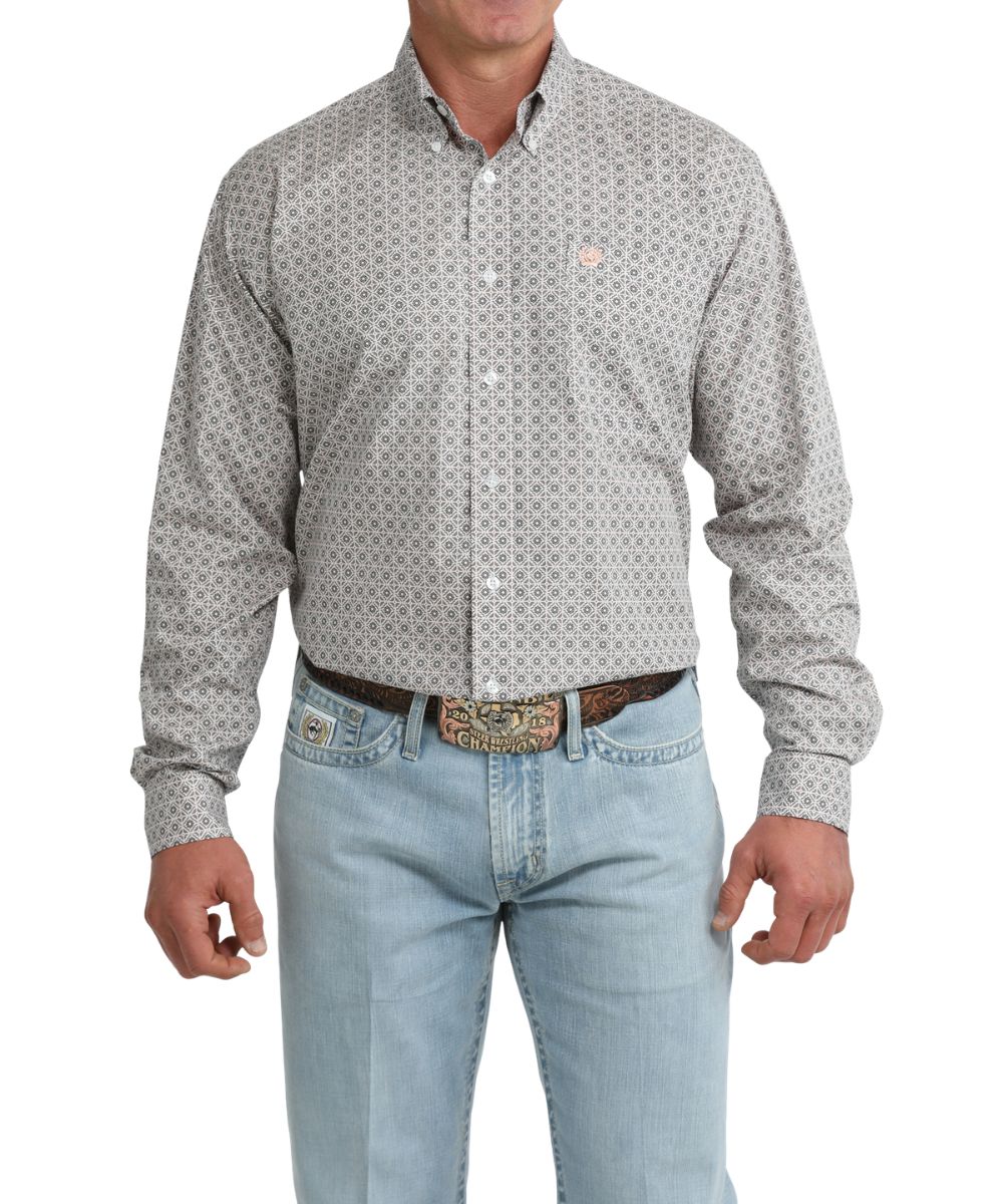 Front view of the men's white geometric print long sleeve button down shirt featuring a classic fit, chest pocket, and button down collar