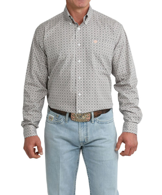 Front view of the men's white geometric print long sleeve button down shirt featuring a classic fit, chest pocket, and button down collar