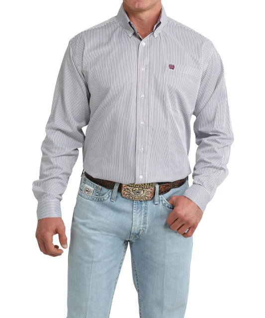 Front view of the men's white long sleeve button down shirt featuring a striped print, chest pocket, and a button down collar