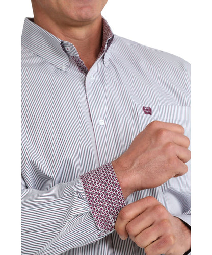 Close-up view of the striped print, contrast interior trim, and white buttons