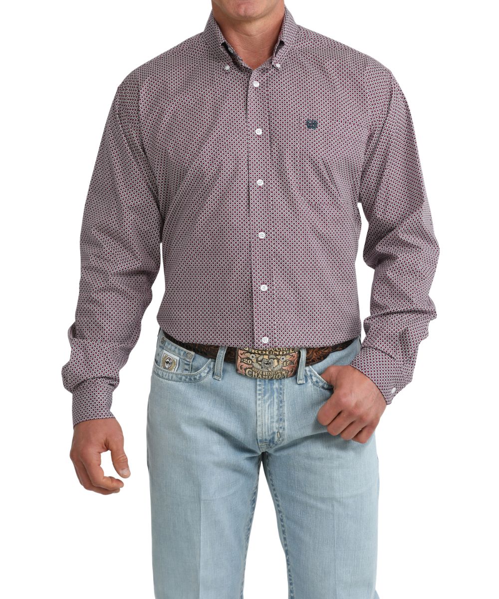 Front view of the men's purple geometric print button down shirt featuring long sleeves, a single open chest pocket, and a button down collar