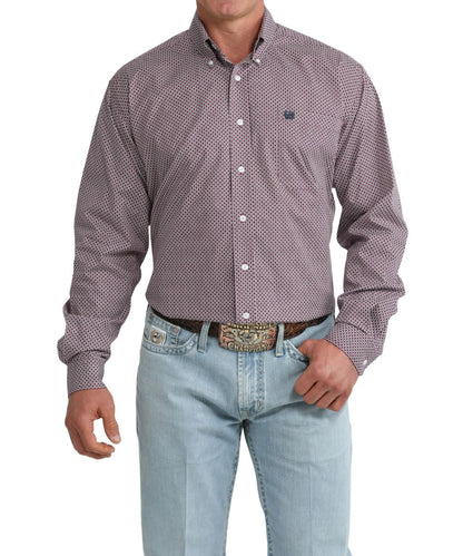 Front view of the men's purple geometric print button down shirt featuring long sleeves, a single open chest pocket, and a button down collar