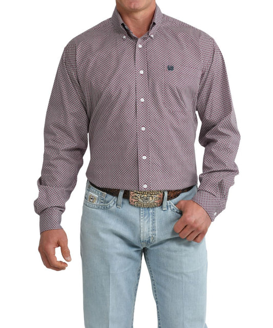 Front view of the men's purple geometric print button down shirt featuring long sleeves, a single open chest pocket, and a button down collar