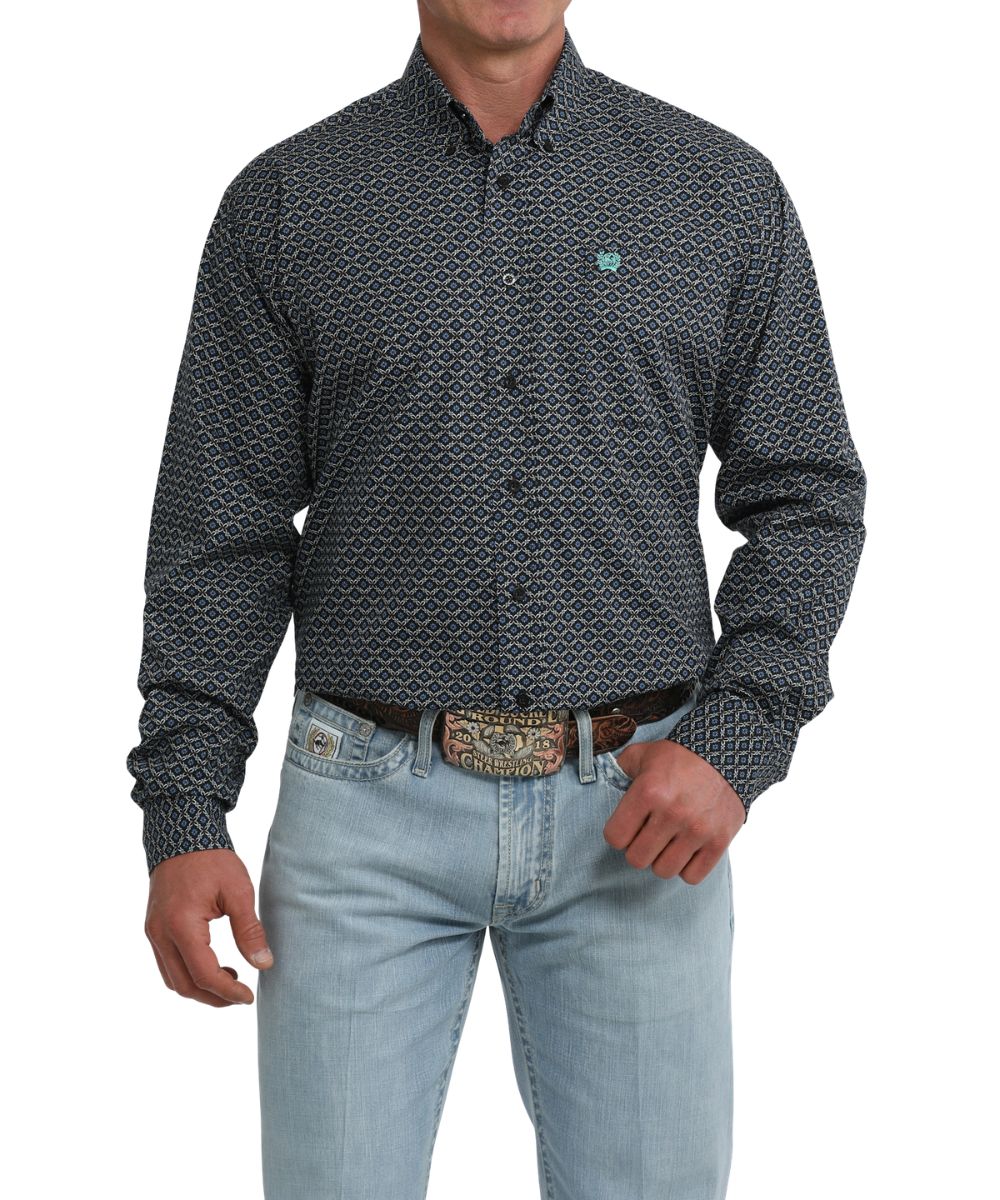 Front view of the men's black long sleeve button down shirt featuring a geometric print