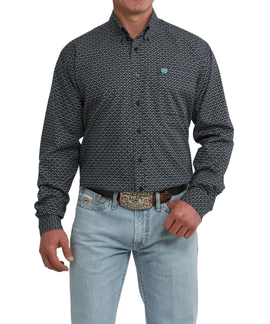 Front view of the men's black long sleeve button down shirt featuring a geometric print