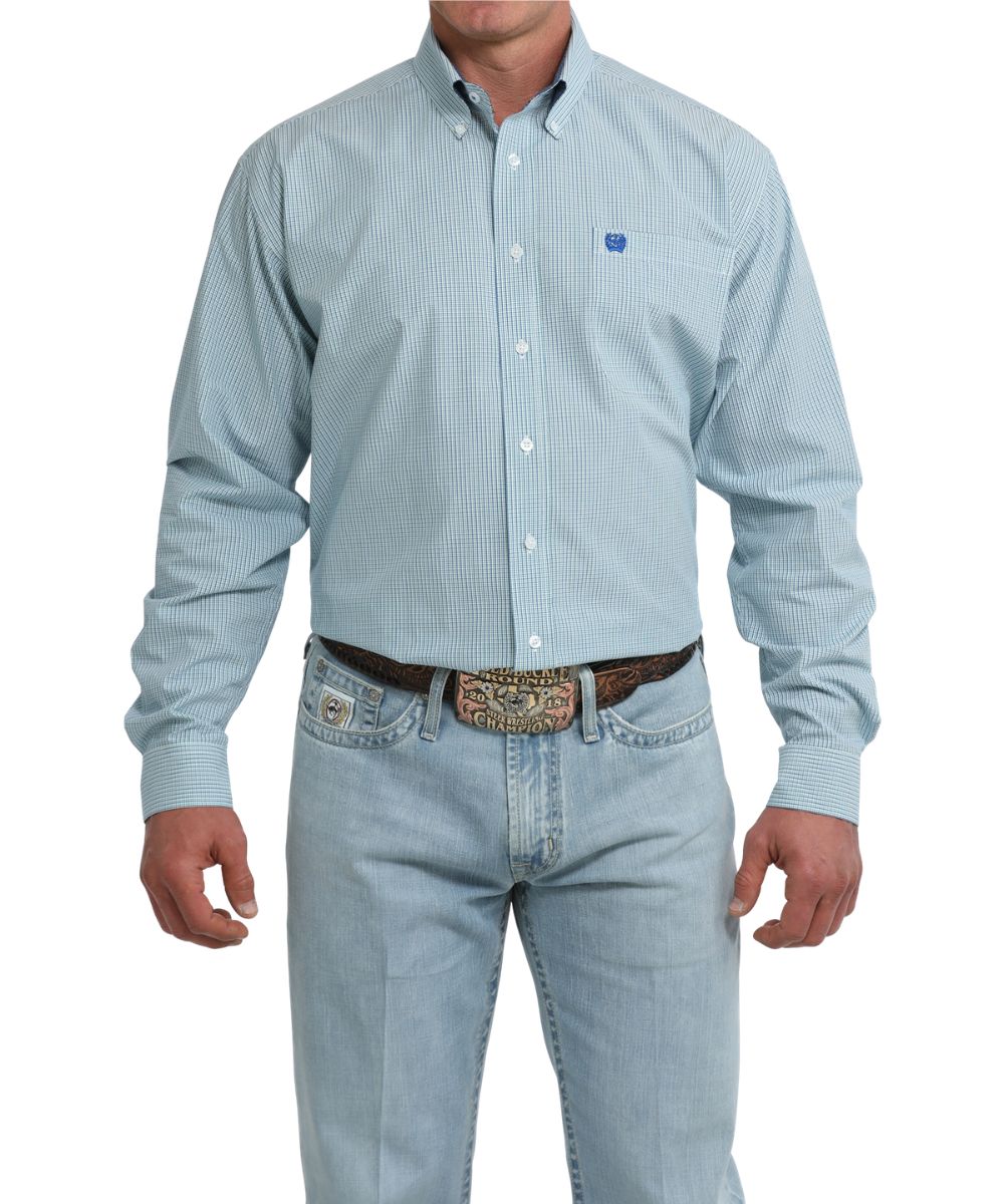 Front view of the men's white long sleeve button down shirt featuring a blue plaid print