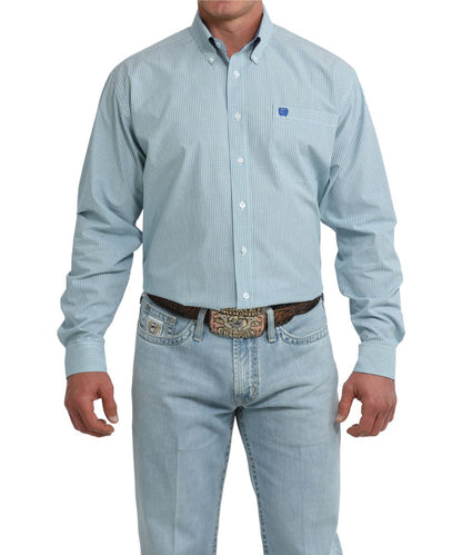 Front view of the men's white long sleeve button down shirt featuring a blue plaid print
