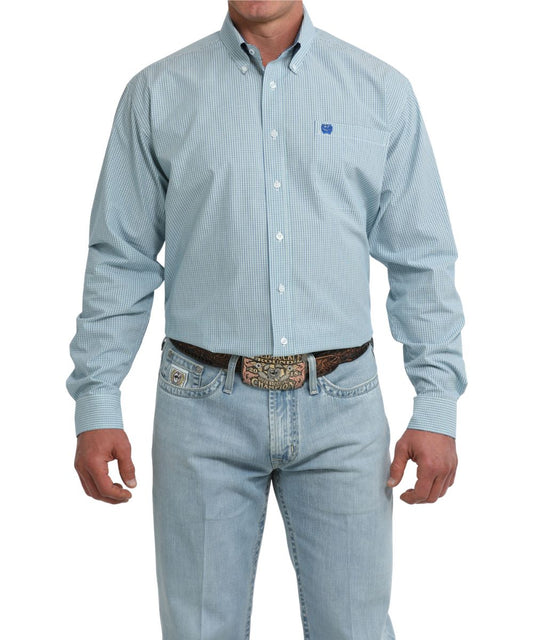 Front view of the men's white long sleeve button down shirt featuring a blue plaid print
