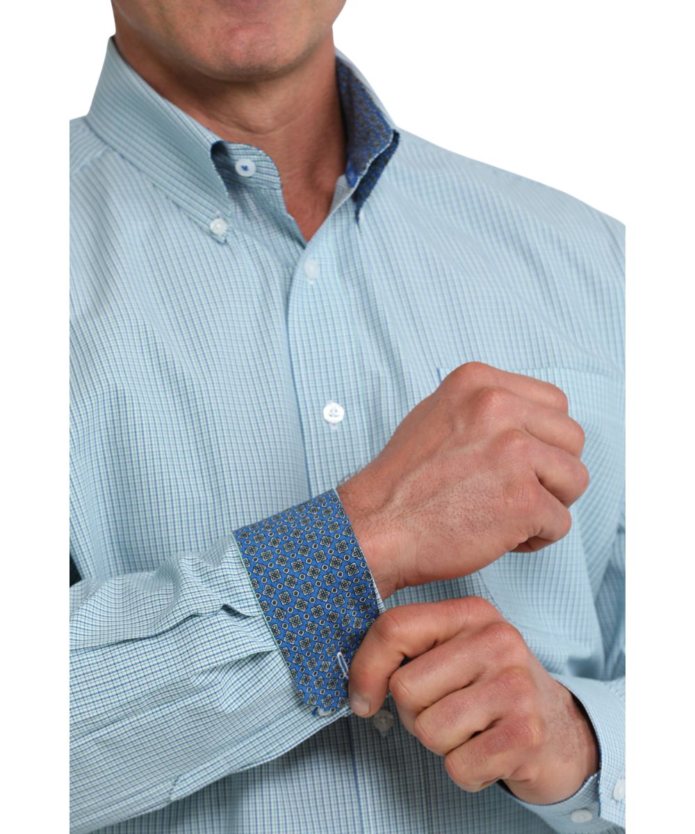 Close-up view of the blue plaid print featuring the contrast interior trim