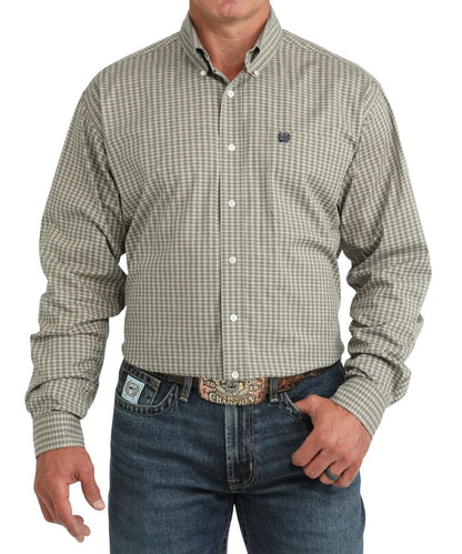 Front view of the men's Cinch Olive Plaid Classic Fit Button Down Shirt featuring the long sleeves, chest pocket, and plaid print