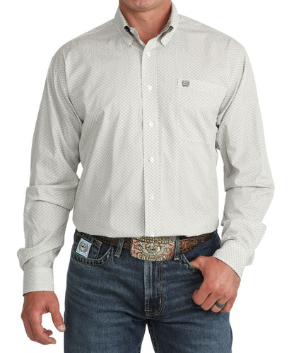Front view of the men's Cinch Long Sleeve Button Down Shirt featuring the button down collar, chest pocket, classic fit, and olive/white geometric print
