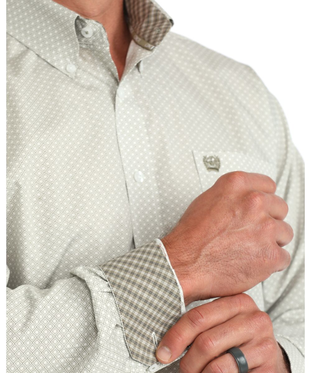 Close-up view of the contrast interior trim and olive geometric print