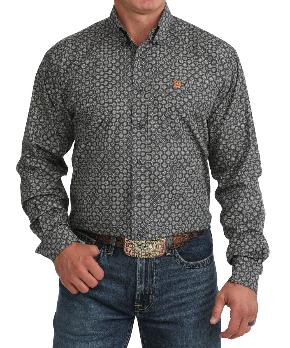 Front view of the men's navy Cinch Button Down Shirt featuring the geometric print, classic fit, chest pocket, navy buttons, and button-down collar