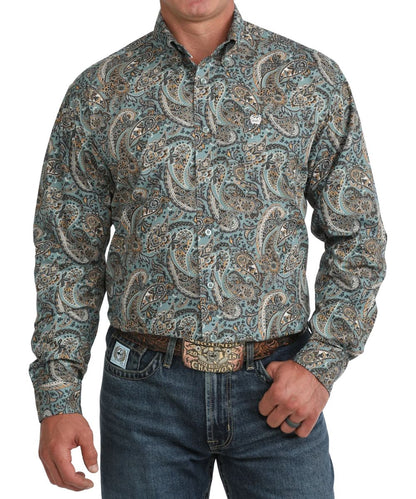 Front view of the men's Cinch Blue Paisley Classic Fit Button Down Shirt featuring the paisley print and chest pocket