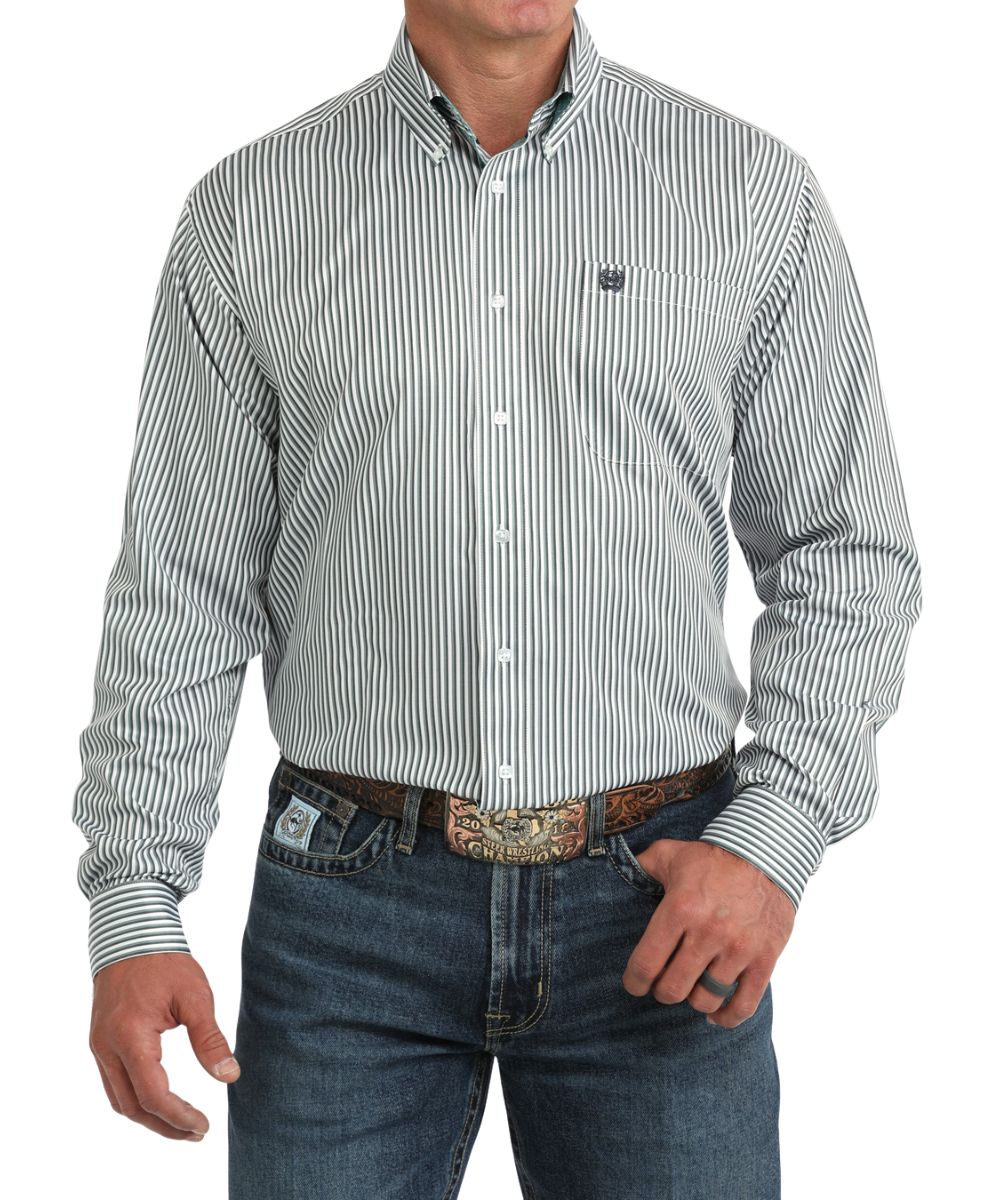 Front view of the men's Cinch Long Sleeve Button Down Shirt featuring the classic fit, button down collar, chest pocket, and blue stripes