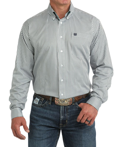 Front view of the men's Cinch Long Sleeve Button Down Shirt featuring the classic fit, button down collar, chest pocket, and blue stripes