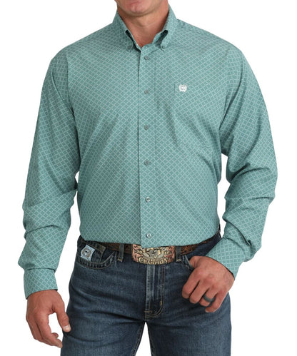 Front view of the men's Cinch ArenaFlex Blue Geometric Printed Button Down Shirt featuring the single open chest pocket and classic fit