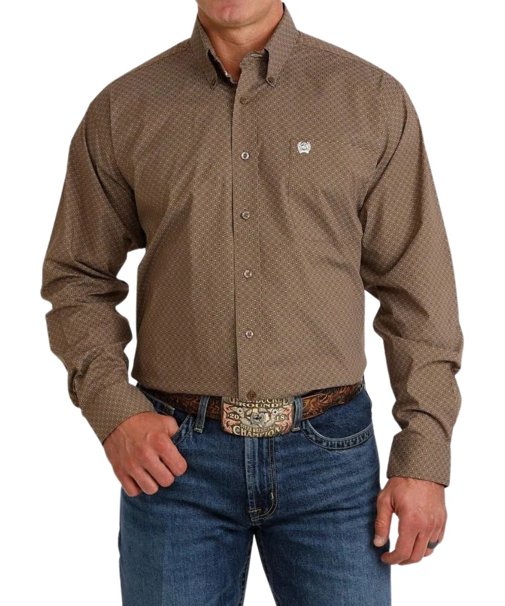 Front view of the men's brown Cinch long sleeve button down shirt featuring the classic fit, brown buttons, button down collar, chest pocket, and geometric print