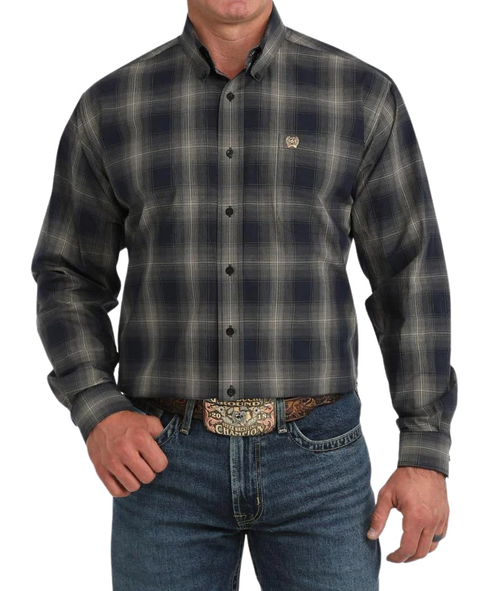 Front view of the men's navy Cinch long sleeve button down shirt featuring the classic fit, plaid print, navy buttons, button down collar, and chest pocket