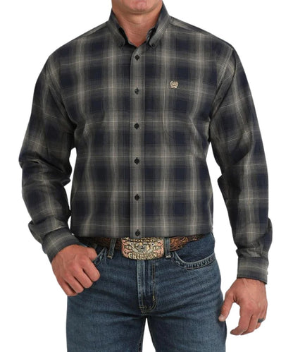 Front view of the men's navy Cinch long sleeve button down shirt featuring the classic fit, plaid print, navy buttons, button down collar, and chest pocket