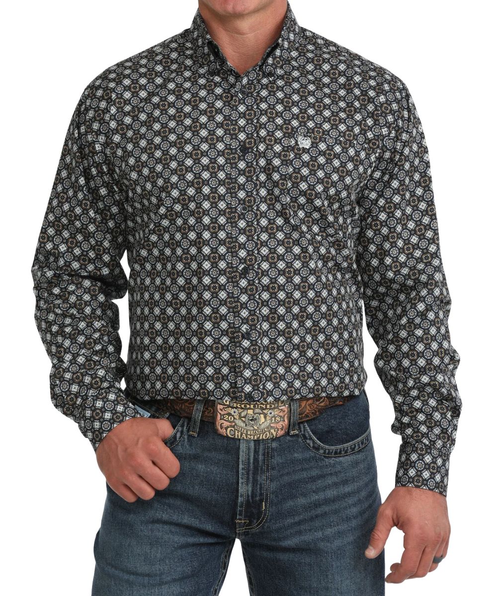 Front view of the men's navy Cinch long sleeve button down shirt featuring the classic fit, geometric print, button down collar, chest pocket, and navy buttons