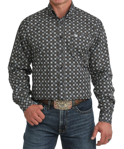 Front view of the men's navy Cinch long sleeve button down shirt featuring the classic fit, geometric print, button down collar, chest pocket, and navy buttons