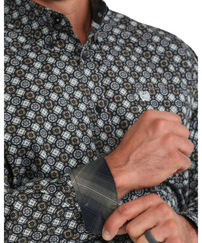 Close-up view of the geometric print and contrast interior trim