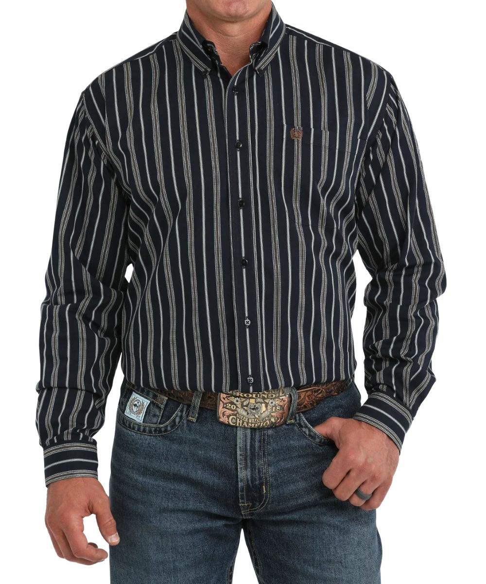 Front view of the men's navy Cinch long sleeve button down shirt featuring the classic fit, button down collar, chest pocket, navy square buttons, and striped print