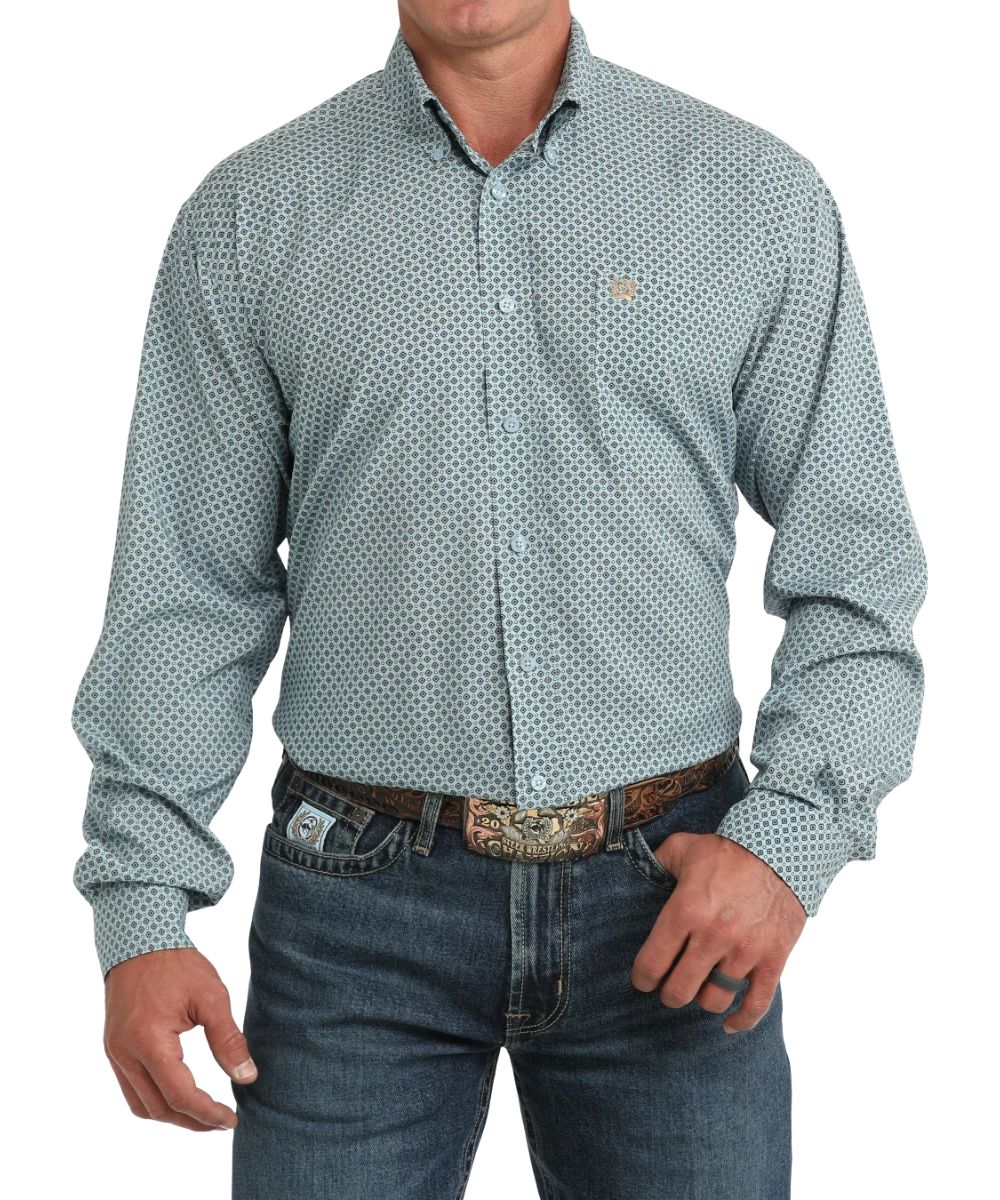 Front view of the men's light blue Cinch ArenaFlex long sleeve button down shirt featuring the button down collar, light blue buttons, chest pocket, classic fit, and the geometric diamond print