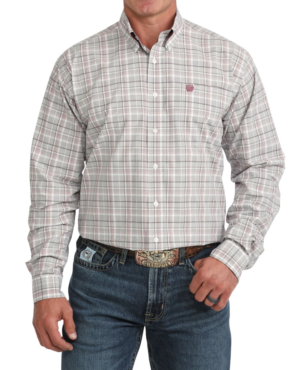 Front view of the men's white Cinch long sleeve button down shirt featuring the plaid print, classic fit, chest pocket, button down collar, and white buttons