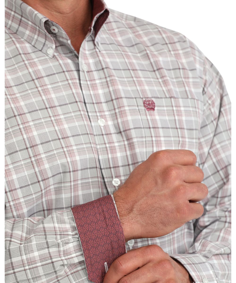 Close-up view of the men's white long sleeve button down shirt featuring the plaid print and contrast interior trim