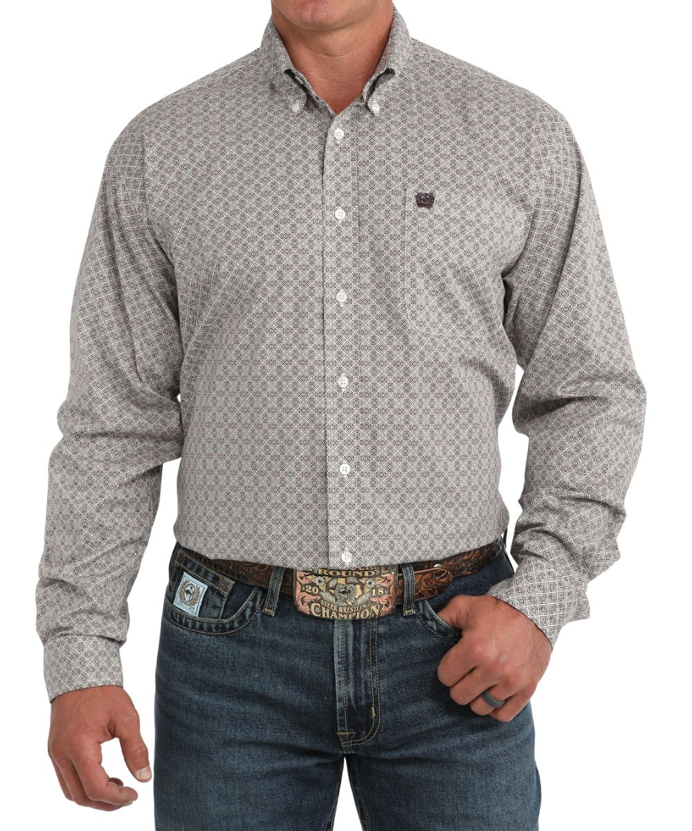 Front view of the men's white Cinch long sleeve button down shirt featuring the button-down collar, white buttons, single open chest pocket, classic fit, and the geometric print