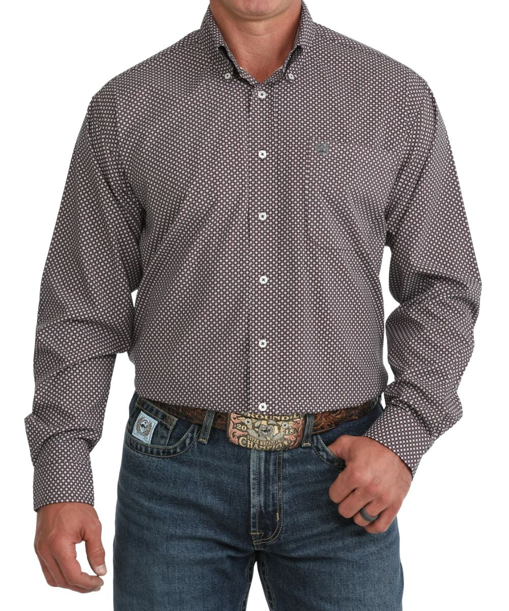 Front view of the men's purple Cinch ArenaFlex button down shirt featuring the classic fit, button down collar, white buttons, chest pocket, and the geometric print