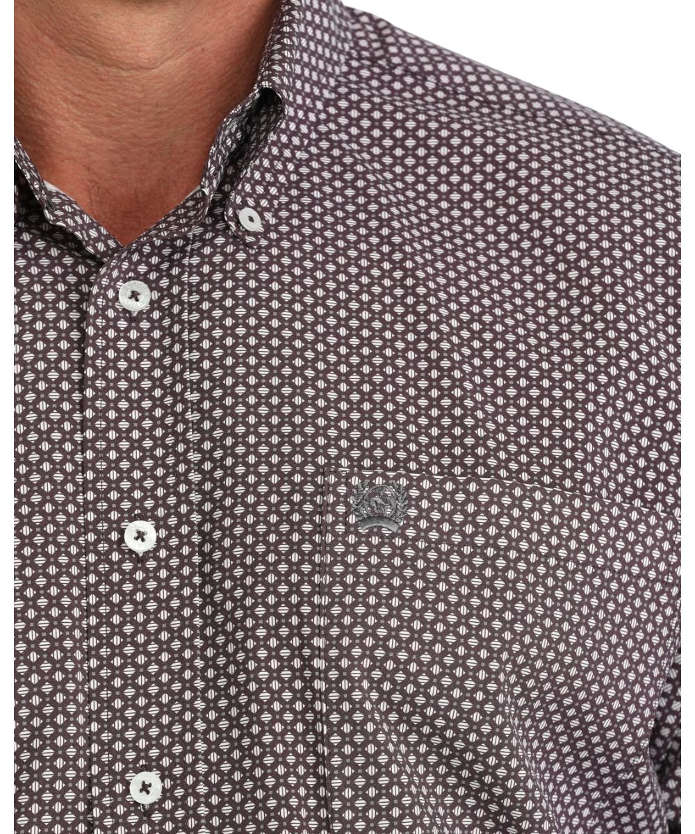 Close-up view of the geometric print and white buttons