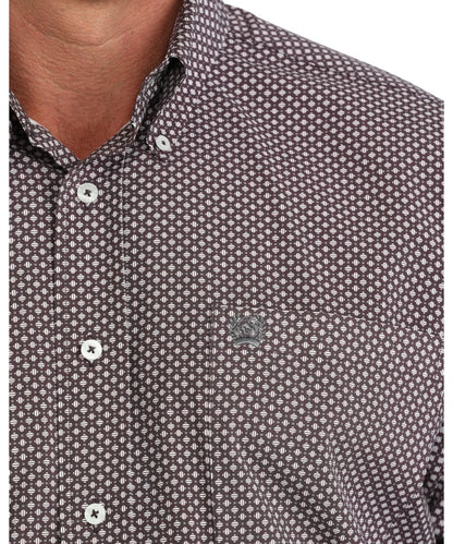 Close-up view of the geometric print and white buttons