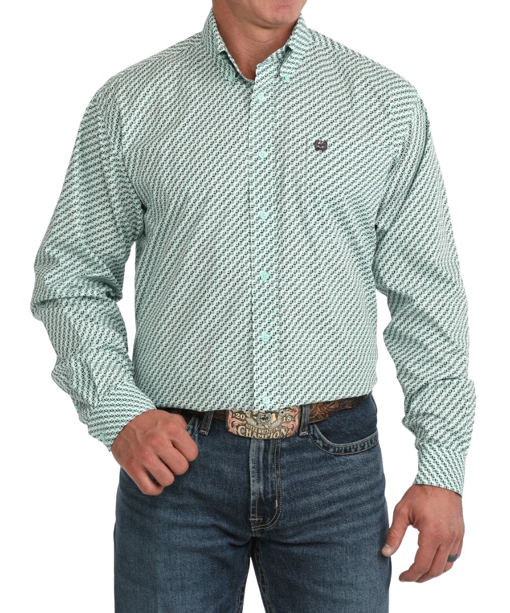 Front view of the men's turquoise Cinch long sleeve button down shirt featuring the classic fit, button down collar, turquoise buttons, chest pocket, and the geometric print