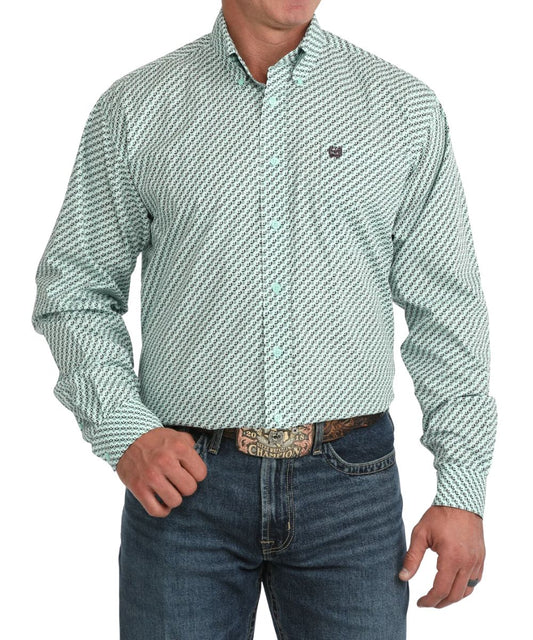 Front view of the men's turquoise Cinch long sleeve button down shirt featuring the classic fit, button down collar, turquoise buttons, chest pocket, and the geometric print