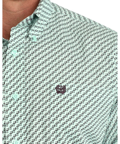 Close-up view of the geometric print on printed cotton plain weave fabric