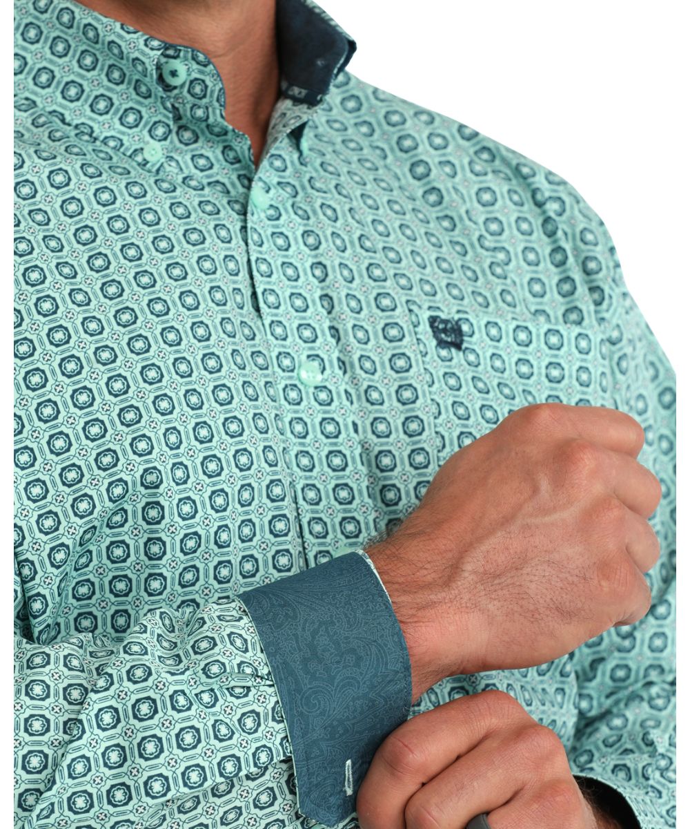 Close-up view of the geometric print and contrast interior trim