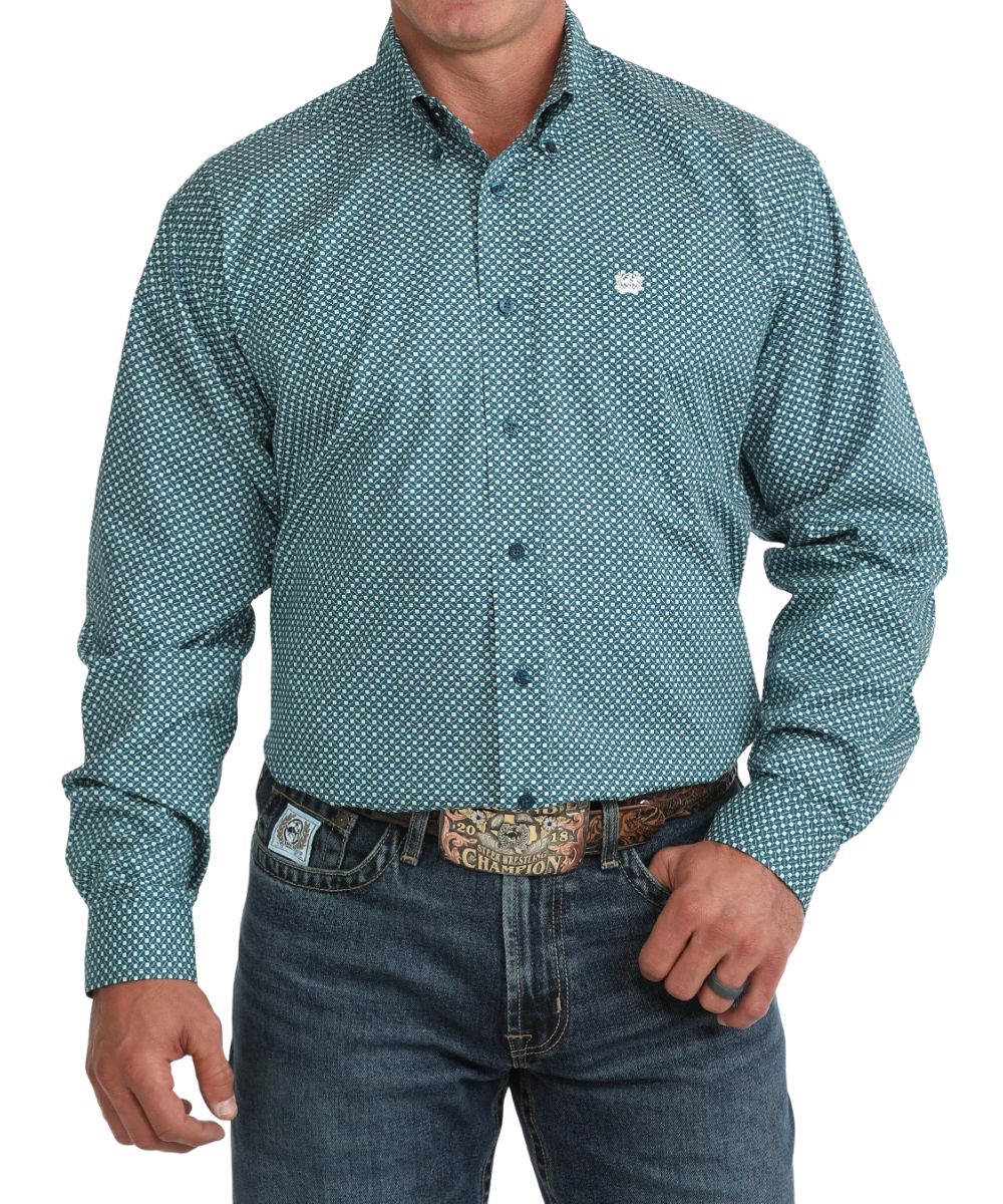Front view of the men's blue Cinch long sleeve button down shirt featuring the classic fit, button down collar, chest pocket, and geometric print