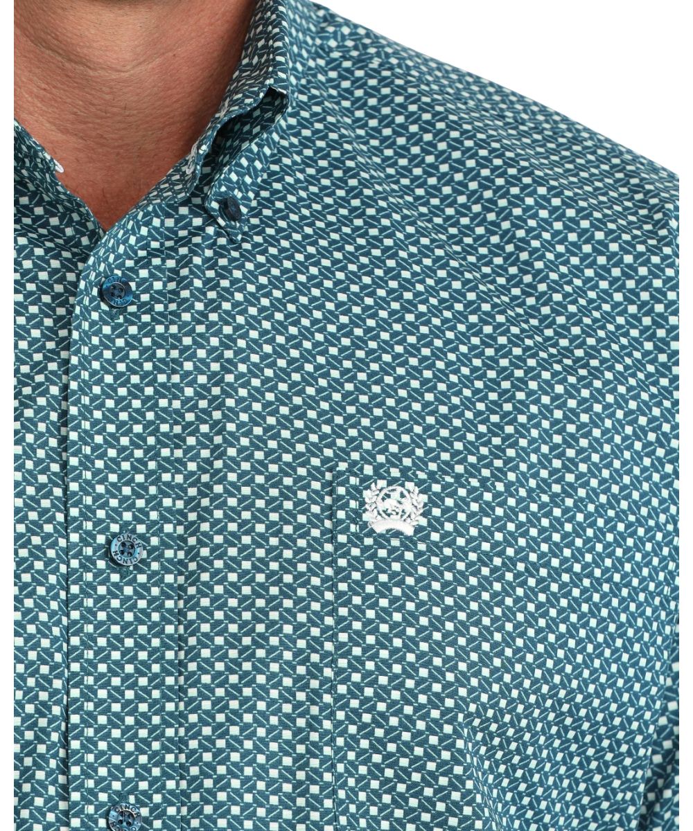 Close-up view of the geometric print and blue buttons