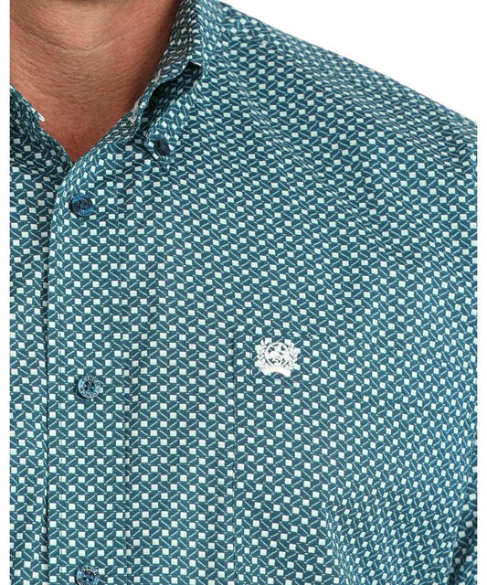 Close-up view of the geometric print and blue buttons