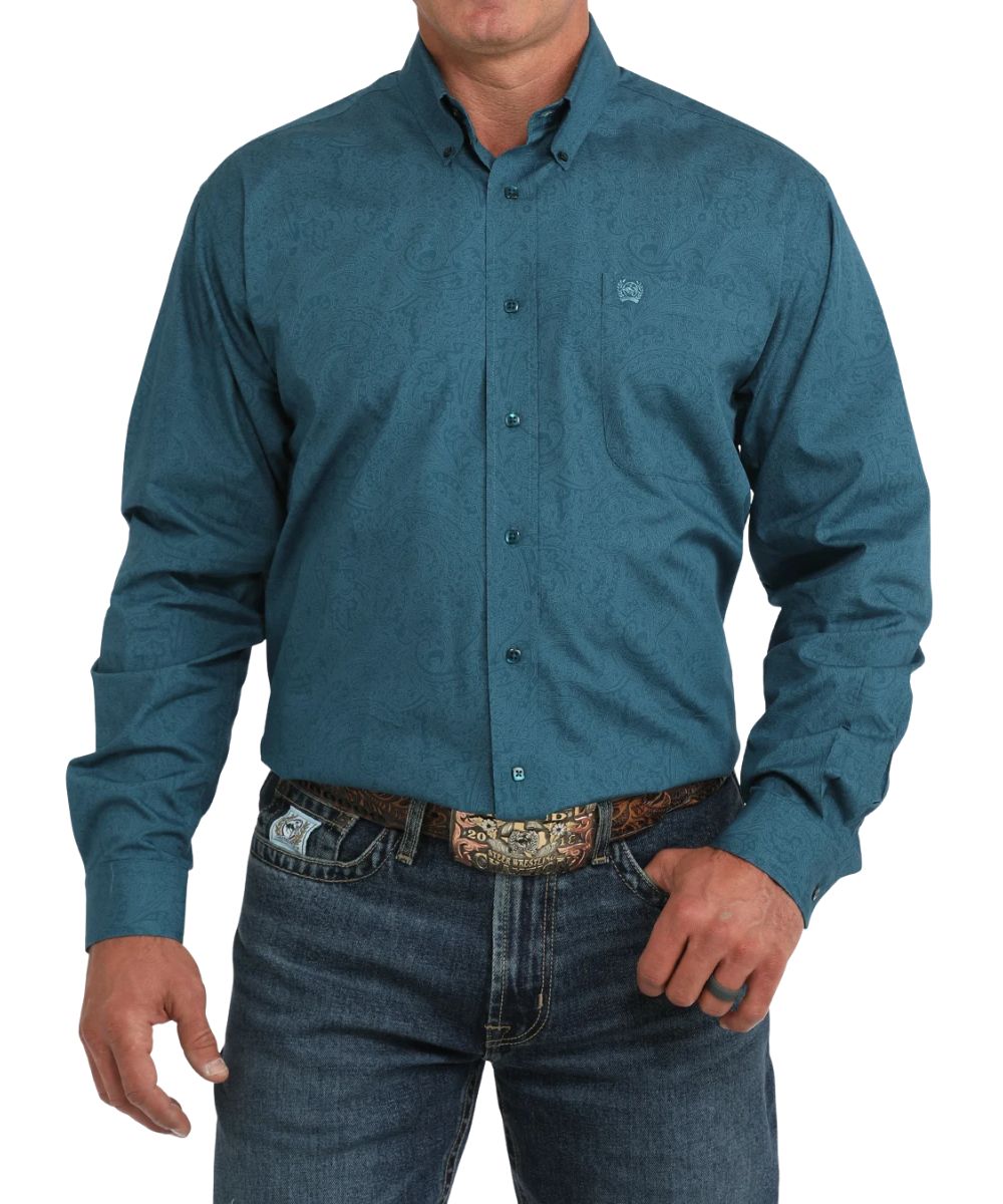 Front view of the men's blue Cinch long sleeve button down shirt featuring the classic fit, button down collar, blue square buttons, chest pocket, and the paisley print
