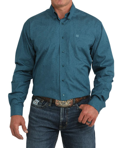Front view of the men's blue Cinch long sleeve button down shirt featuring the classic fit, button down collar, blue square buttons, chest pocket, and the paisley print