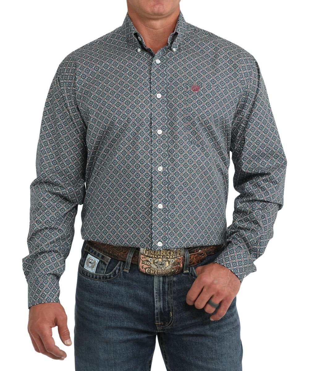Front view of the men's blue Cinch long sleeve button down shirt featuring the classic fit, button down collar, white buttons, chest pocket, and the geometric print