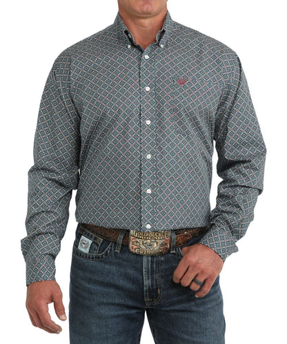 Front view of the men's blue Cinch long sleeve button down shirt featuring the classic fit, button down collar, white buttons, chest pocket, and the geometric print